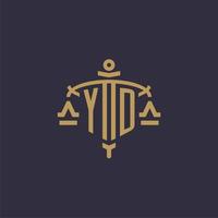 Monogram YD logo for legal firm with geometric scale and sword style vector