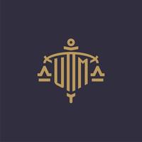 Monogram UM logo for legal firm with geometric scale and sword style vector