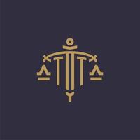 Monogram TT logo for legal firm with geometric scale and sword style vector