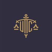 Monogram UC logo for legal firm with geometric scale and sword style vector