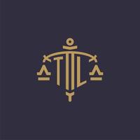 Monogram TL logo for legal firm with geometric scale and sword style vector