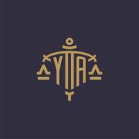 Monogram YA logo for legal firm with geometric scale and sword style vector