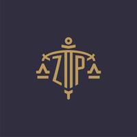 Monogram ZP logo for legal firm with geometric scale and sword style vector