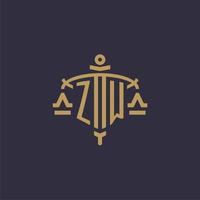 Monogram ZW logo for legal firm with geometric scale and sword style vector