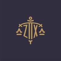 Monogram ZX logo for legal firm with geometric scale and sword style vector