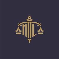 Monogram ML logo for legal firm with geometric scale and sword style vector