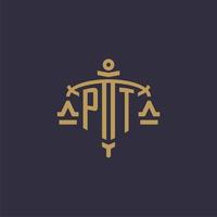 Monogram PT logo for legal firm with geometric scale and sword style vector