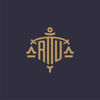 Monogram RU logo for legal firm with geometric scale and sword style vector