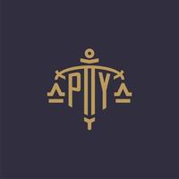 Monogram PY logo for legal firm with geometric scale and sword style vector