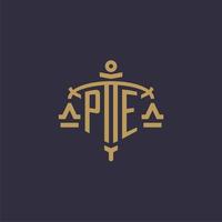 Monogram PE logo for legal firm with geometric scale and sword style vector