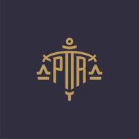 Monogram PR logo for legal firm with geometric scale and sword style vector