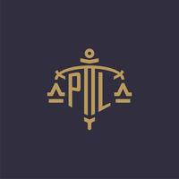 Monogram PL logo for legal firm with geometric scale and sword style vector