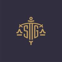 Monogram SG logo for legal firm with geometric scale and sword style vector