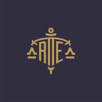 Monogram RE logo for legal firm with geometric scale and sword style vector