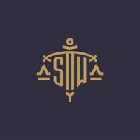 Monogram SW logo for legal firm with geometric scale and sword style vector