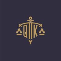 Monogram QK logo for legal firm with geometric scale and sword style vector