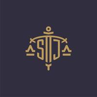 Monogram SJ logo for legal firm with geometric scale and sword style vector