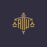Monogram RW logo for legal firm with geometric scale and sword style vector