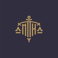 Monogram MH logo for legal firm with geometric scale and sword style vector