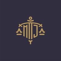 Monogram MJ logo for legal firm with geometric scale and sword style vector