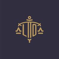 Monogram LO logo for legal firm with geometric scale and sword style vector