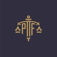 Monogram PF logo for legal firm with geometric scale and sword style vector