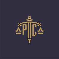 Monogram PC logo for legal firm with geometric scale and sword style vector