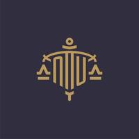 Monogram NU logo for legal firm with geometric scale and sword style vector
