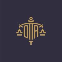 Monogram OR logo for legal firm with geometric scale and sword style vector