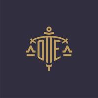 Monogram OE logo for legal firm with geometric scale and sword style vector