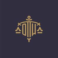 Monogram OW logo for legal firm with geometric scale and sword style vector