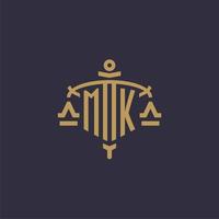 Monogram MK logo for legal firm with geometric scale and sword style vector