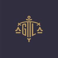 Monogram GL logo for legal firm with geometric scale and sword style vector