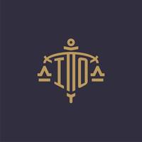 Monogram IO logo for legal firm with geometric scale and sword style vector