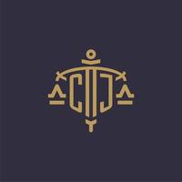Monogram CJ logo for legal firm with geometric scale and sword style vector