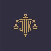 Monogram JK logo for legal firm with geometric scale and sword style vector