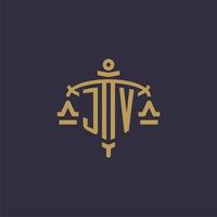 Monogram JV logo for legal firm with geometric scale and sword style vector