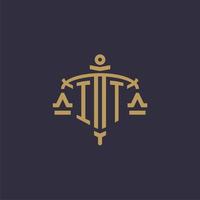 Monogram IT logo for legal firm with geometric scale and sword style vector