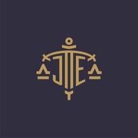 Monogram JE logo for legal firm with geometric scale and sword style vector