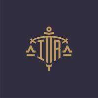 Monogram IR logo for legal firm with geometric scale and sword style vector