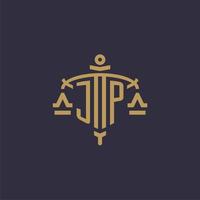 Monogram JP logo for legal firm with geometric scale and sword style vector