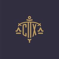 Monogram CX logo for legal firm with geometric scale and sword style vector