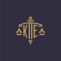 Monogram KE logo for legal firm with geometric scale and sword style vector