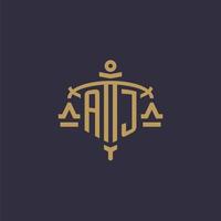 Monogram AJ logo for legal firm with geometric scale and sword style vector