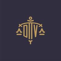 Monogram DV logo for legal firm with geometric scale and sword style vector