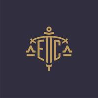 Monogram EC logo for legal firm with geometric scale and sword style vector