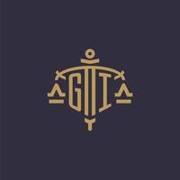 Monogram GI logo for legal firm with geometric scale and sword style vector