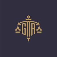 Monogram GR logo for legal firm with geometric scale and sword style vector