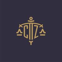 logotipo de monograma cz para firma legal con escala geométrica y estilo espada vector