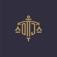 Monogram DJ logo for legal firm with geometric scale and sword style vector